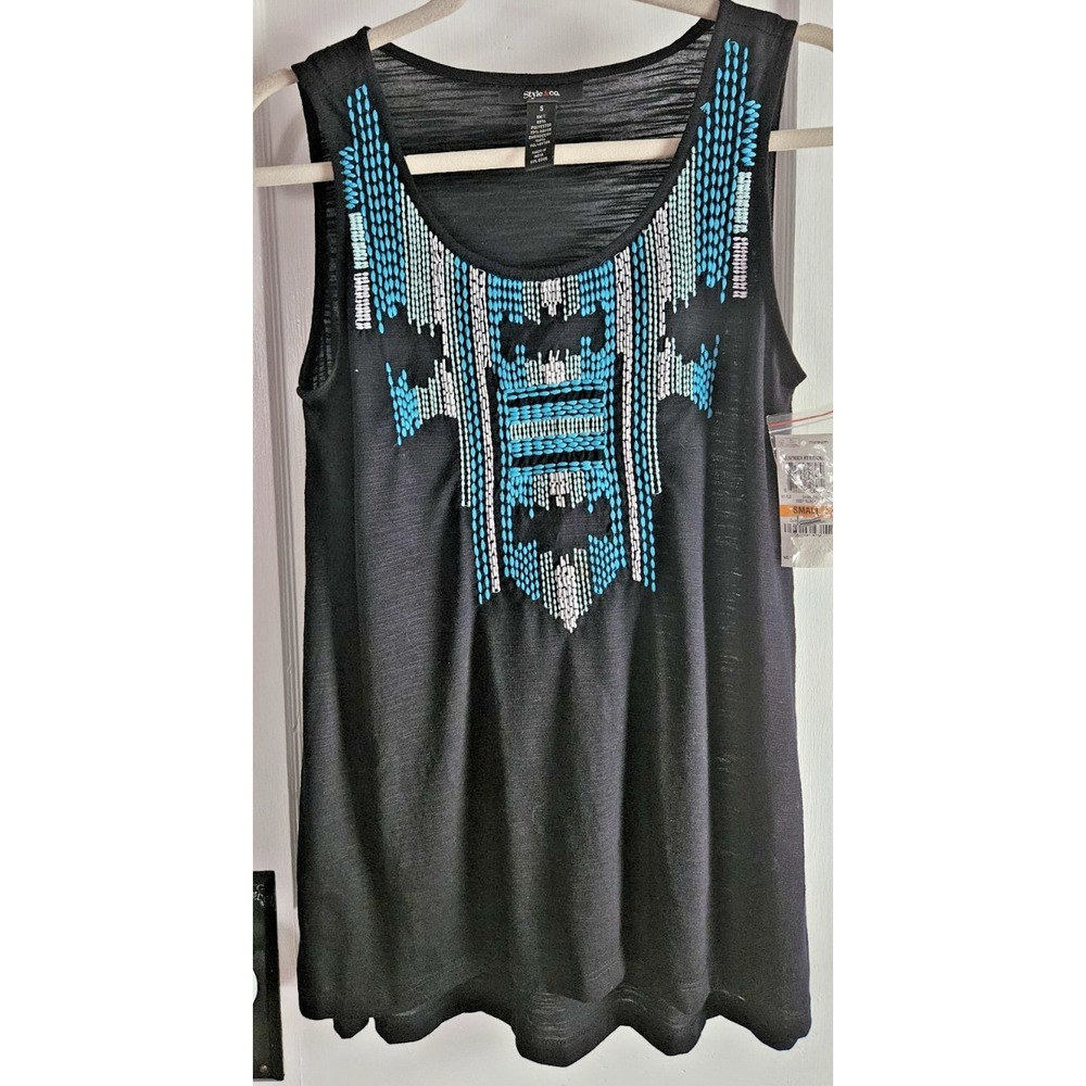 NWT STYLE & CO., black tank‎ top beaded + embroidery front black Sz S